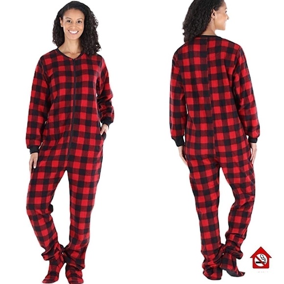 SILVER LILLY Footed Fleece One Piece Buffalo Plaid Pajama Cabincore Cottagecore - Picture 1 of 7